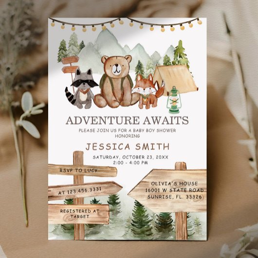 Invitation Baby shower Rustique Boy Woodland Forest Animaux