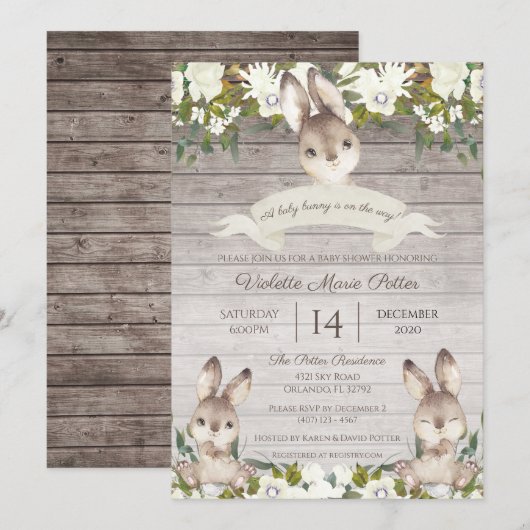 Invitation Baby shower rustique Brown et blanc lapin lapin la (Devant / Derrière)