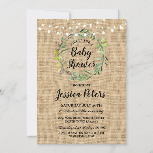 Invitation Baby shower rustique Burlap Green Wreath Invitatio (Devant)