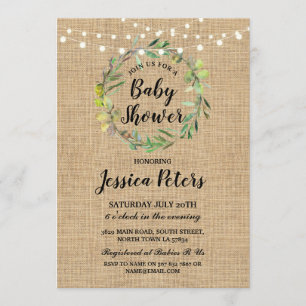 Invitation Baby shower rustique Burlap Green Wreath Invitatio