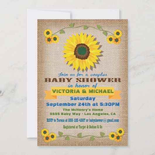 Invitation Baby shower rustique Burlap Sunflower Couples (Devant)