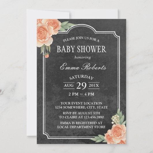Invitation Baby shower Rustique Chalkboard Vintage Floral (Devant)