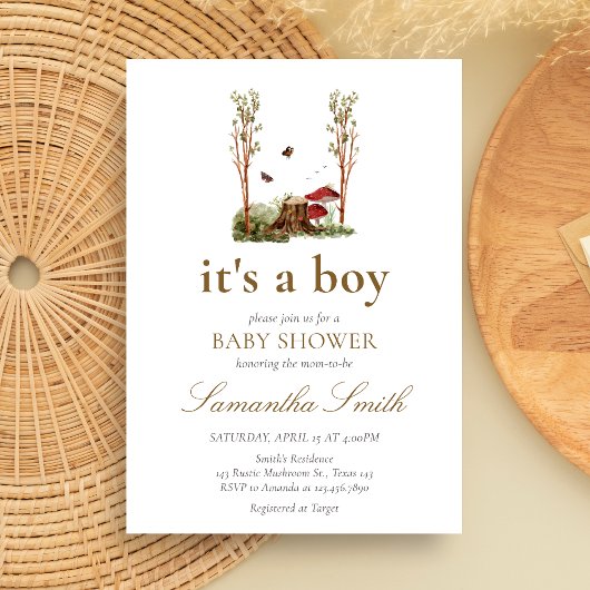 Invitation Baby Shower Rustique Champêtre de Champignons