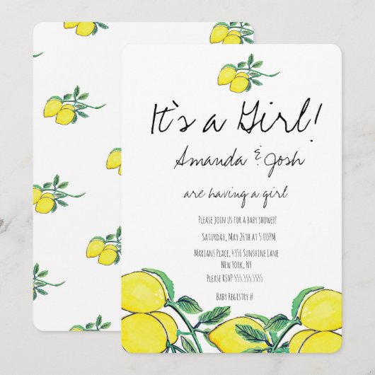 Invitation Baby shower rustique citron aquarelle Citrus Bunch (Devant / Derrière)