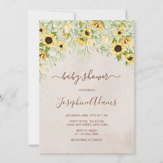 Invitation Baby shower rustique d'aquarelle de tournesol jaun (Devant)