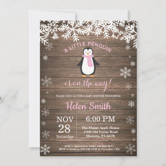 Invitation Baby shower rustique de fille de flocon de neige (Devant)