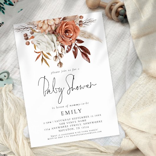 Invitation Baby shower Rustique de fleurs en terre cuite
