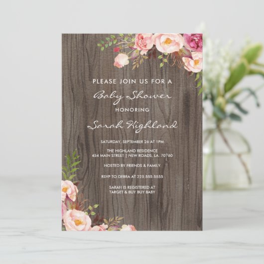 Invitation Baby shower Rustique de fleurs rose pâle (Debout devant)