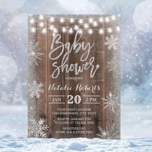 Invitation Baby shower rustique de flocon de neige en argent 