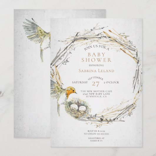 Invitation Baby shower rustique de jumeaux d'aquarelle pour o (Devant / Derrière)