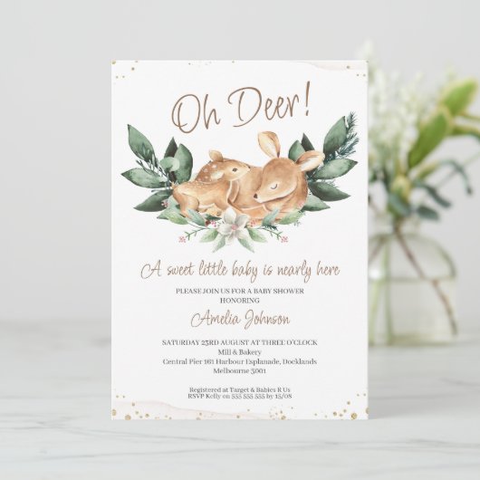 Invitation Baby shower rustique de la faune de cerfs de feuil (Debout devant)