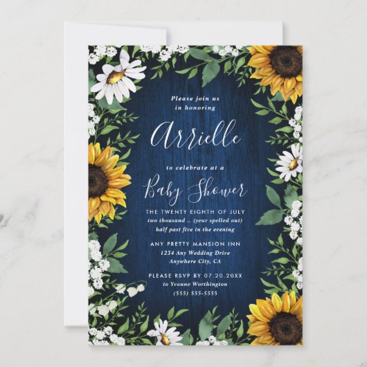 Invitation Baby shower rustique de la marine Blue Sunflower (Devant)