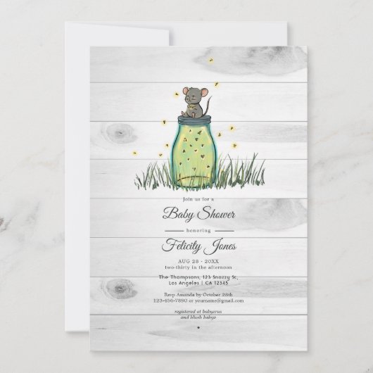 Invitation Baby shower rustique de luciole de souris Mason Ja (Devant)