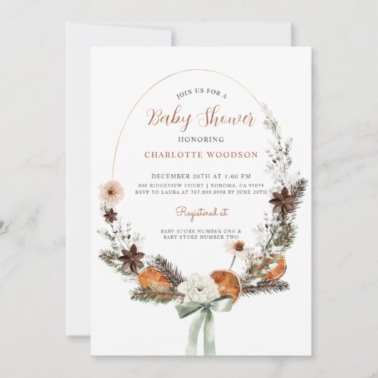 Invitation Baby shower rustique de pin d'agrumes d'hiver (Devant)