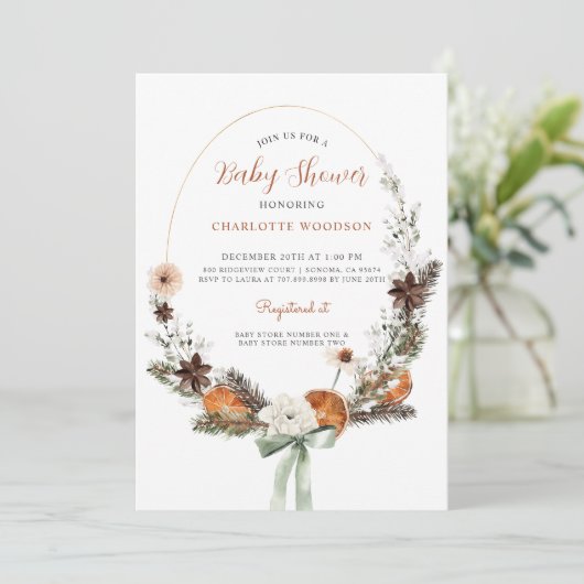 Invitation Baby shower rustique de pin d'agrumes d'hiver (Debout devant)