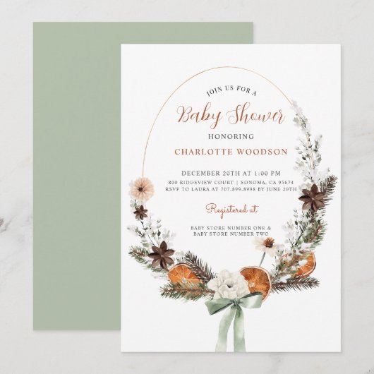Invitation Baby shower rustique de pin d'agrumes d'hiver (Devant / Derrière)