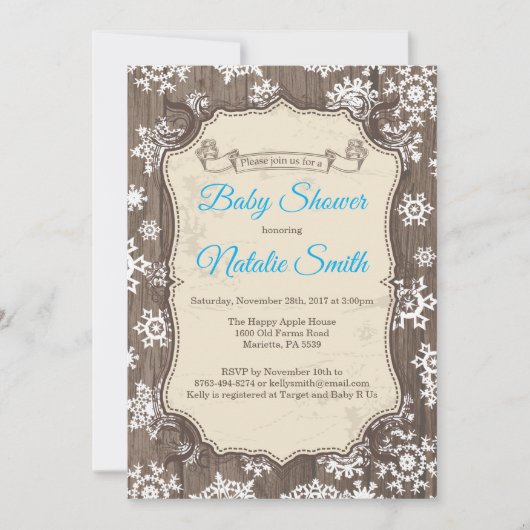 Invitation Baby shower rustique de snowflake hiver (Devant)