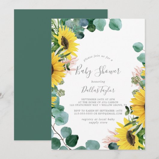 Invitation Baby shower rustique de tournesol Eucalyptus (Devant / Derrière)