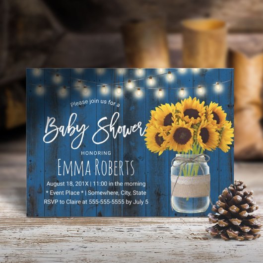Invitation Baby shower rustique de tournesol Mason Jar Blue W