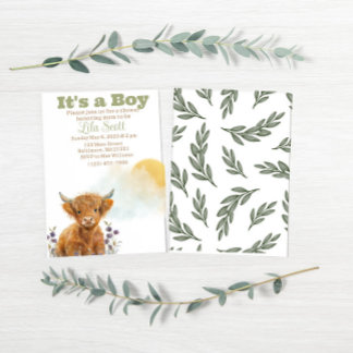 Invitation Baby shower rustique de vache Highland