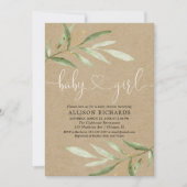 Invitation Baby shower rustique de verdure kraft verte feuill (Devant)