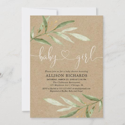Invitation Baby shower rustique de verdure kraft verte feuill (Devant)