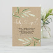 Invitation Baby shower rustique de verdure kraft verte feuill (Debout devant)