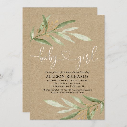 Invitation Baby shower rustique de verdure kraft verte feuill (Devant / Derrière)