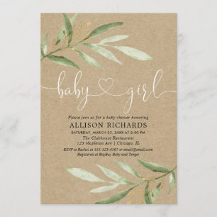 Invitation Baby shower rustique de verdure kraft verte feuill