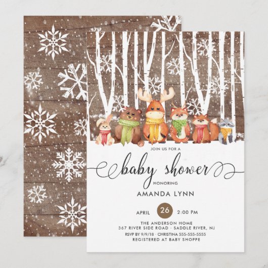 Invitation Baby shower Rustique des animaux de bois d'hiver (Devant / Derrière)
