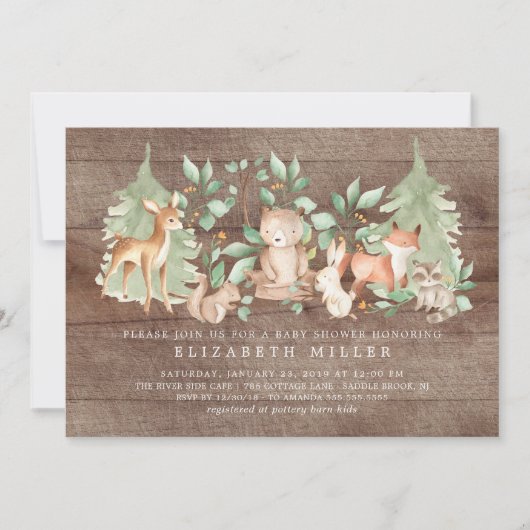 Invitation Baby shower Rustique des animaux forestiers (Devant)