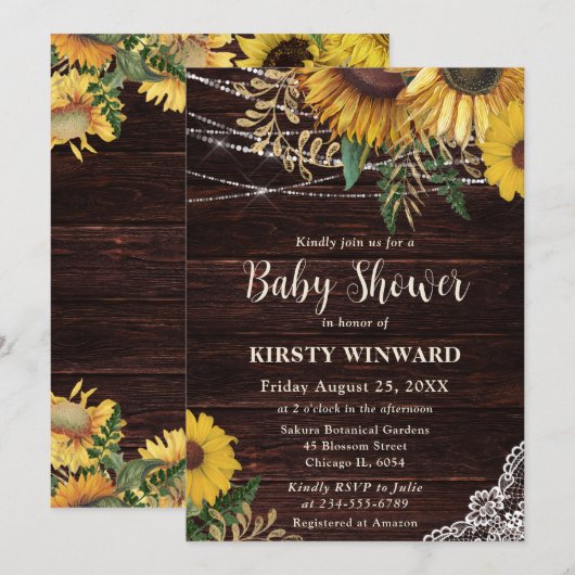 Invitation Baby shower rustique des lumières tournesol et cor (Devant / Derrière)