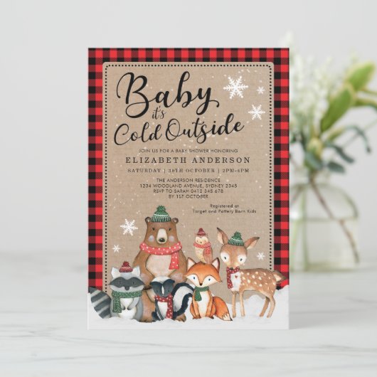 Invitation Baby shower Rustique d'hiver Forêt forestière Anim (Debout devant)