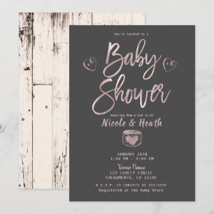Invitation Baby Shower Rustique Élégant Rose Gold Rose Gris