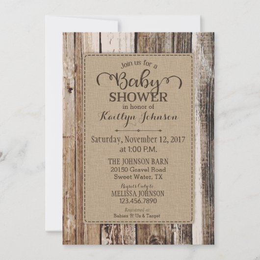 Invitation Baby shower rustique en bois de grange (Devant)
