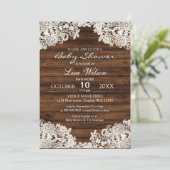 Invitation Baby shower rustique en bois de grange et dentelle (Debout devant)