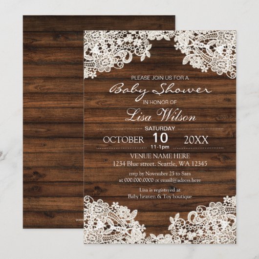 Invitation Baby shower rustique en bois de grange et dentelle (Devant / Derrière)