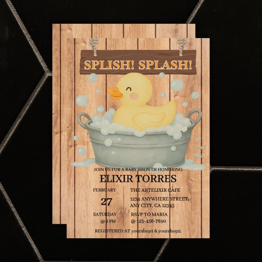 Invitation Baby shower rustique en caoutchouc Ducky Bubbles