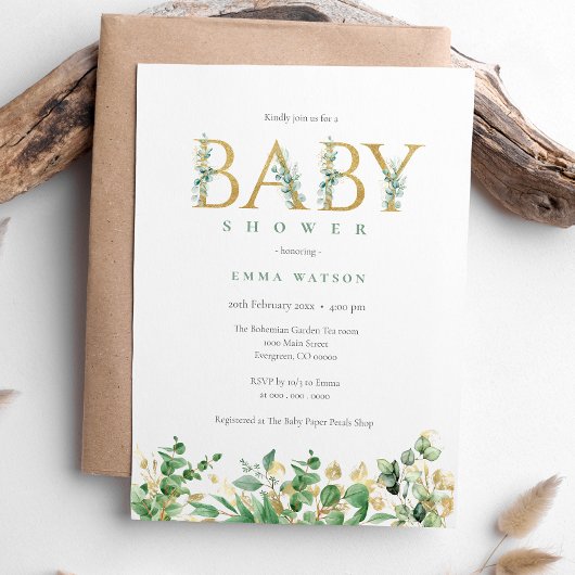 Invitation Baby shower Rustique Eucalyptus Golden Lettres