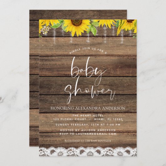 Invitation Baby shower Rustique Ferme Tournesol (Devant / Derrière)