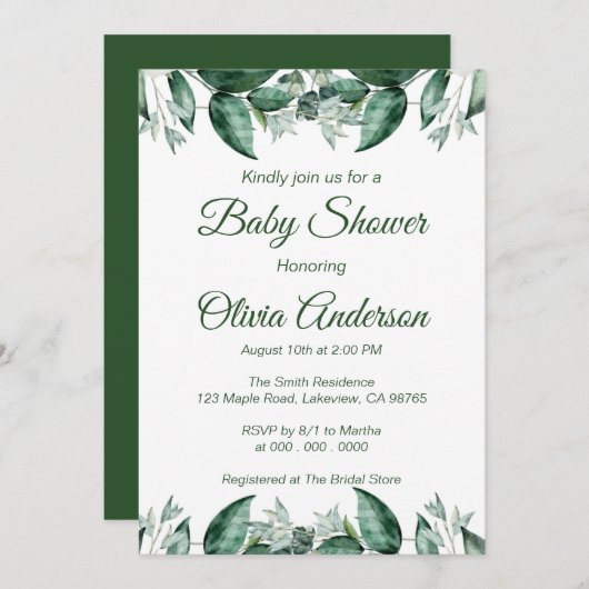 Invitation Baby shower rustique feuille verte (Devant / Derrière)