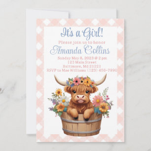 Invitation Baby shower rustique fleuri de vache Highland
