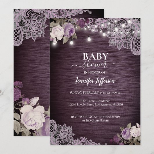 Invitation Baby-Shower Rustique Fleurs Violettes (Devant / Derrière)