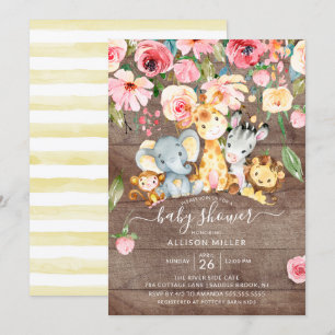Invitation Baby shower Rustique Floral Neutre Safari Animaux