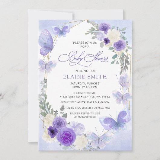 Invitation Baby shower Rustique Floral Purple Lilac Butterfli (Devant)