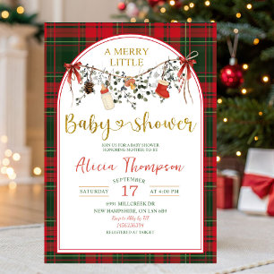 Invitation Baby Shower Rustique Gingham de Noël Merry Little