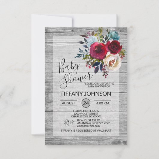 Invitation Baby shower rustique gris floral de Bourgogne (Devant)