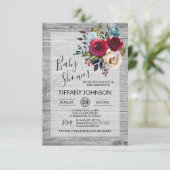 Invitation Baby shower rustique gris floral de Bourgogne (Debout devant)