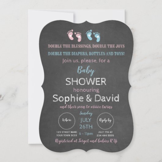 Invitation Baby shower rustique Jumeaux Chalkboard (Devant)