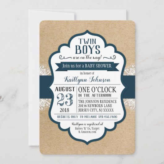 Invitation Baby shower Rustique Kraft en dentelle de papier (Devant)